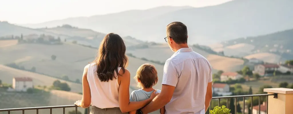 Famille contemplant le paysage depuis la terrasse de leur location saisonnière