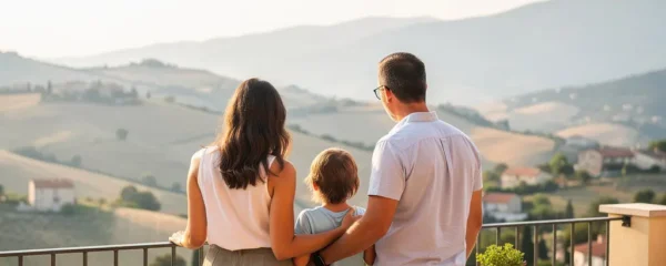 Famille contemplant le paysage depuis la terrasse de leur location saisonnière