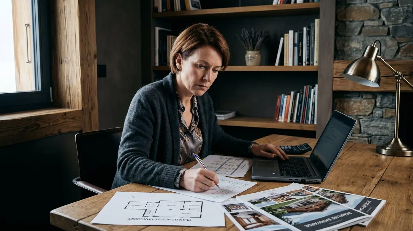 Femme d'affaires analysant seule des documents immobiliers et financiers sur un bureau en bois massif dans un bureau de chalet de montagne avec lumière naturelle latérale créant une atmosphère de concentration sérieuse