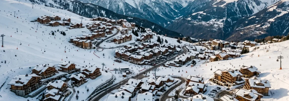 Vue aérienne panoramique du domaine de Courchevel en hiver montrant les quatre stations (1300, 1550, 1650 et 1850) étagées sur les pentes enneigées avec les chalets, les pistes de ski et les sommets des 3 Vallées en arrière-plan sous une lumière dorée de fin d'après-midi